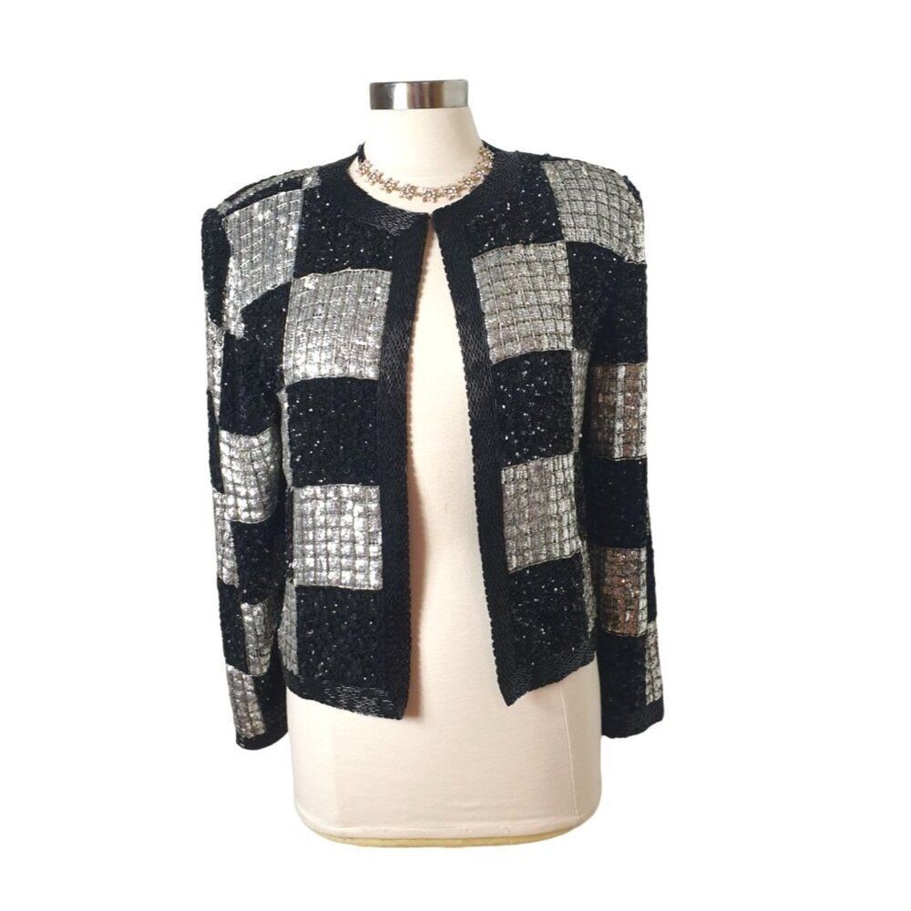 Vintage NITE Line Black Silver Sequin Jacket S Checkered Open Front Silk India